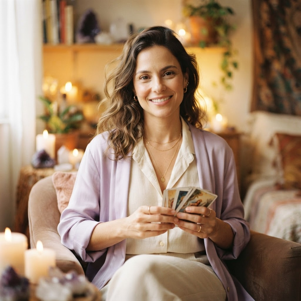 Jessica, taróloga, segurando cartas de tarot